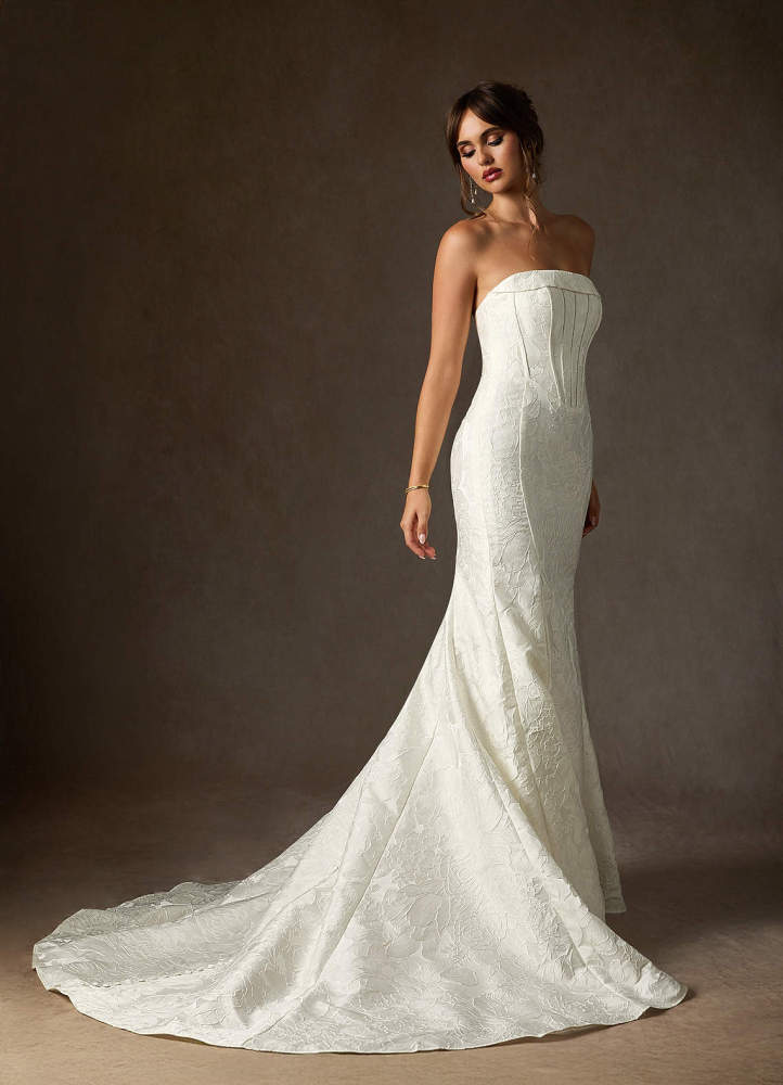 elyessen Kristella Diamond White Mermaid Strapless Floral Jacquard Dress