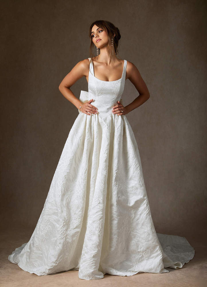 elyessen  Diamond White Ball-Gown with Pockets Floral Jacquard Dress