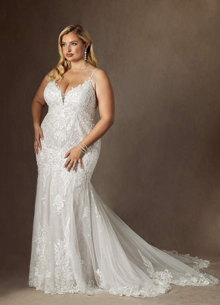 elyessen Camlynn Diamond White Mermaid V-Neck Sequins Tulle Dress