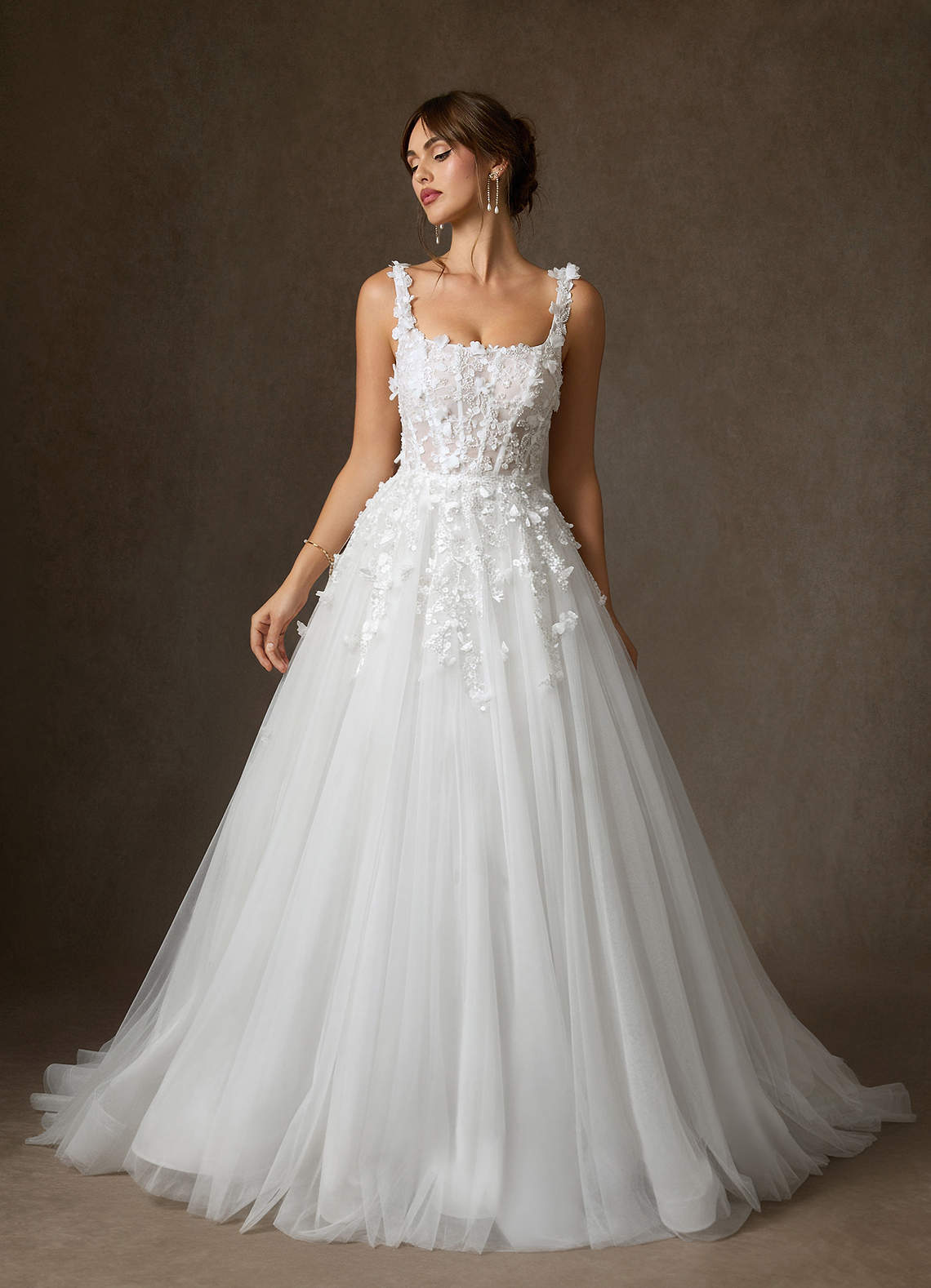 elyessen Sabine Diamond White Ball-Gown Square Neckline Lace Dress