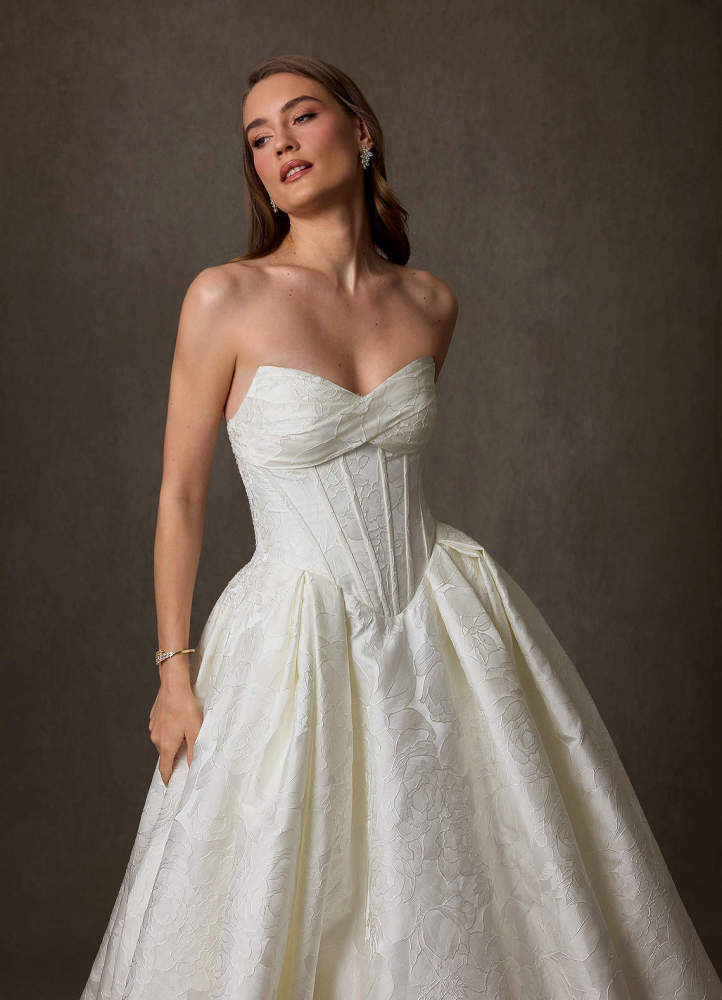 elyessen Genevieve Diamond White Ball-Gown Strapless Floral Jacquard Dress