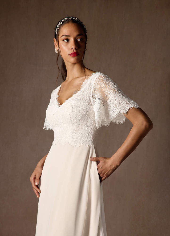 elyessen Diamond White A-Line V-Neck lace Chiffon Dress