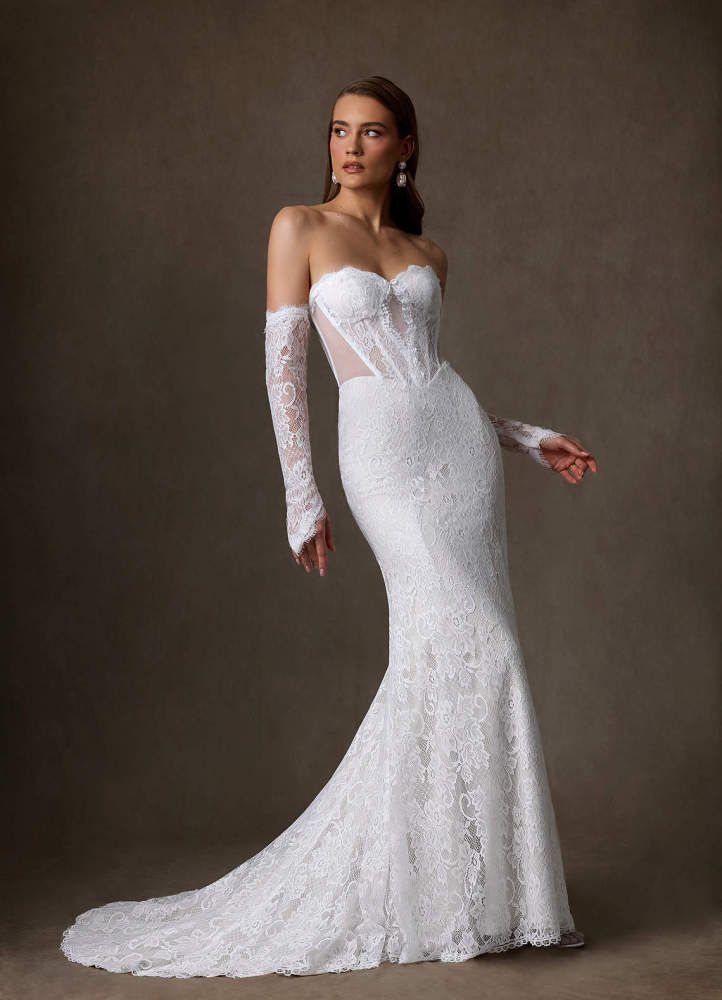 elyessen Issa Diamond White Sheath Strapless Lace Dress