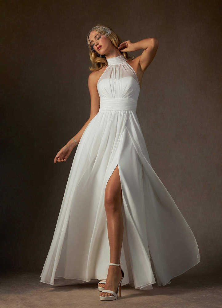 elyessen Helaina Diamond White A-Line Pleated Chiffon Dress