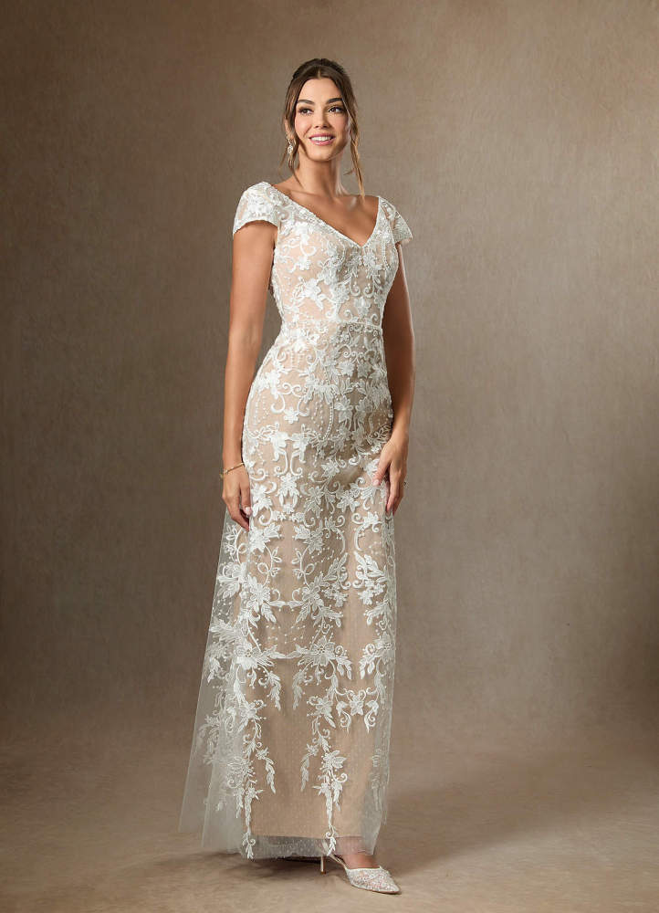 elyessen Diamond White Sheath V-Neck Sequins Lace Dress