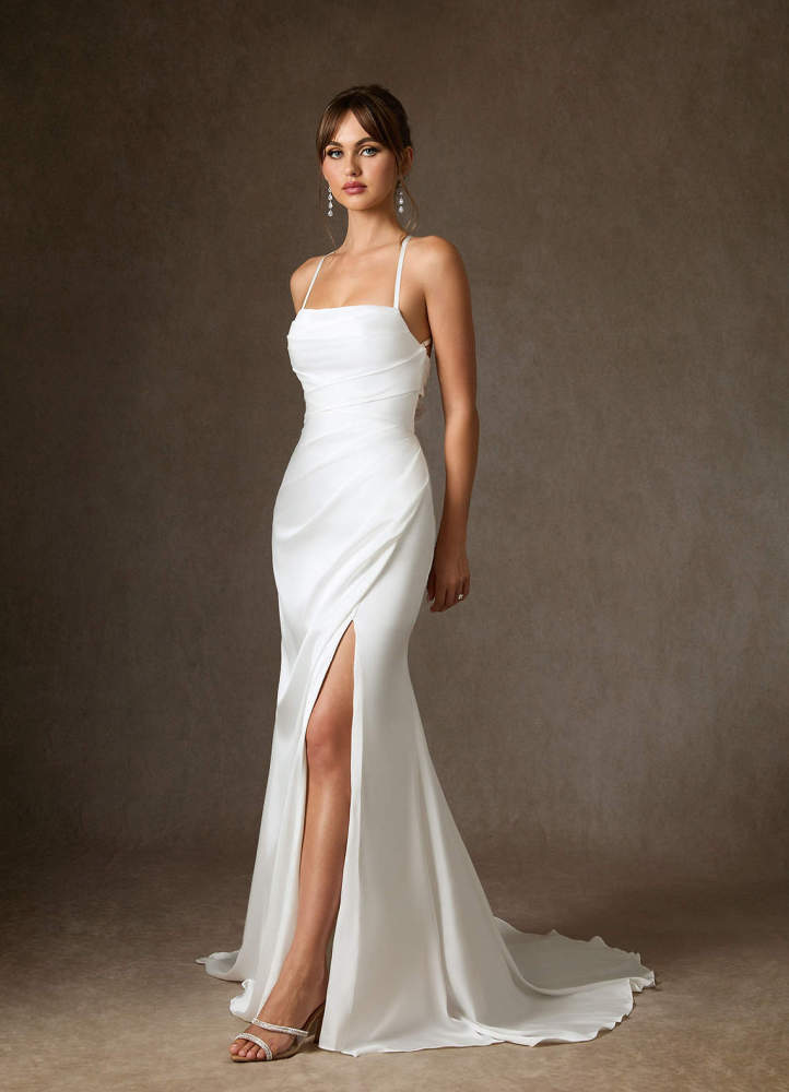 elyessen Kierra Stretch Diamond White Mermaid Pleated Stretch Satin Dress