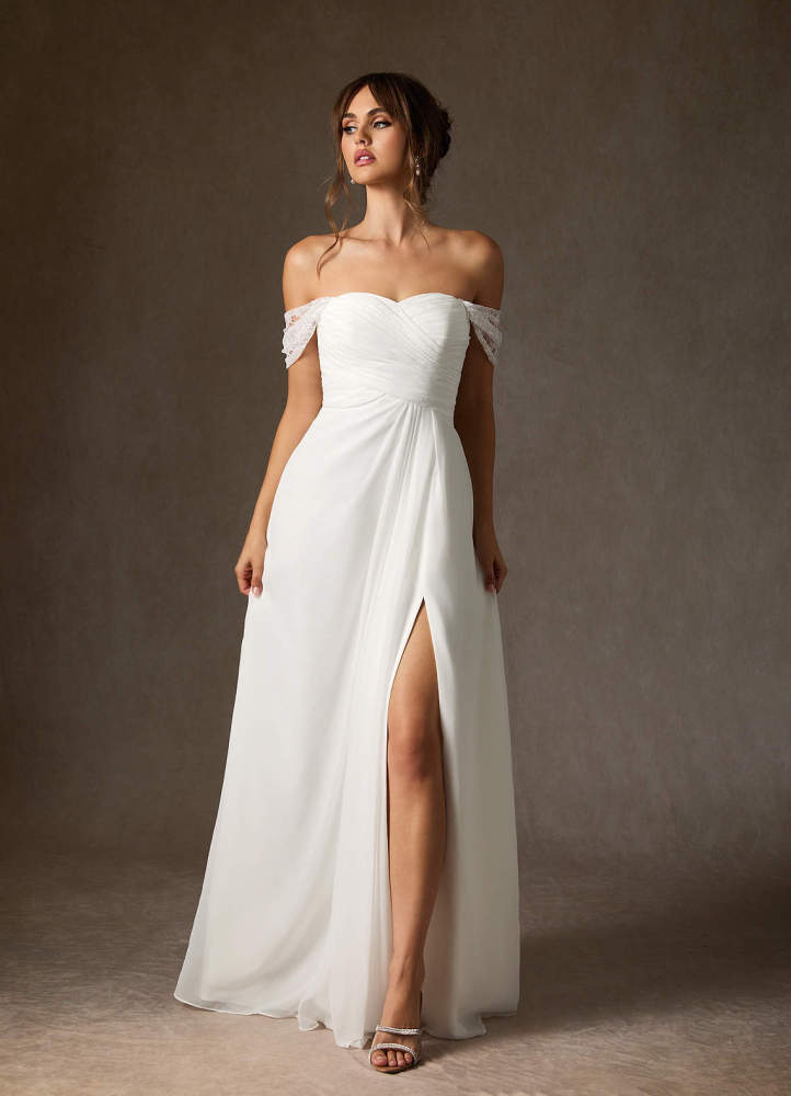 elyessen Zadie Diamond White A-Line Off the Shoulder Chiffon Dress