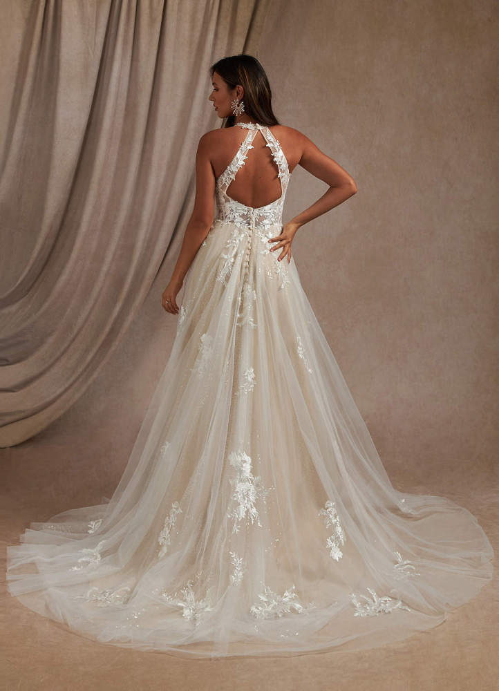 elyessen  Diamond White A-Line Halter Sequins Tulle Dress
