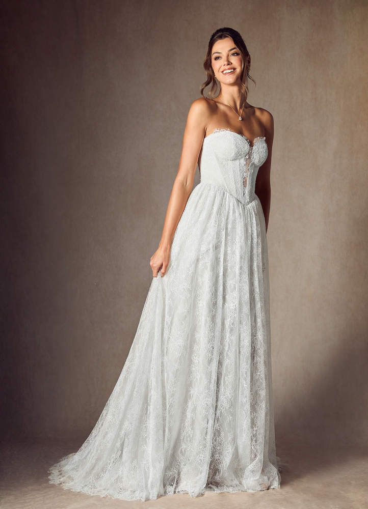 elyessen Lorena Diamond White A-Line Strapless Lace Dress