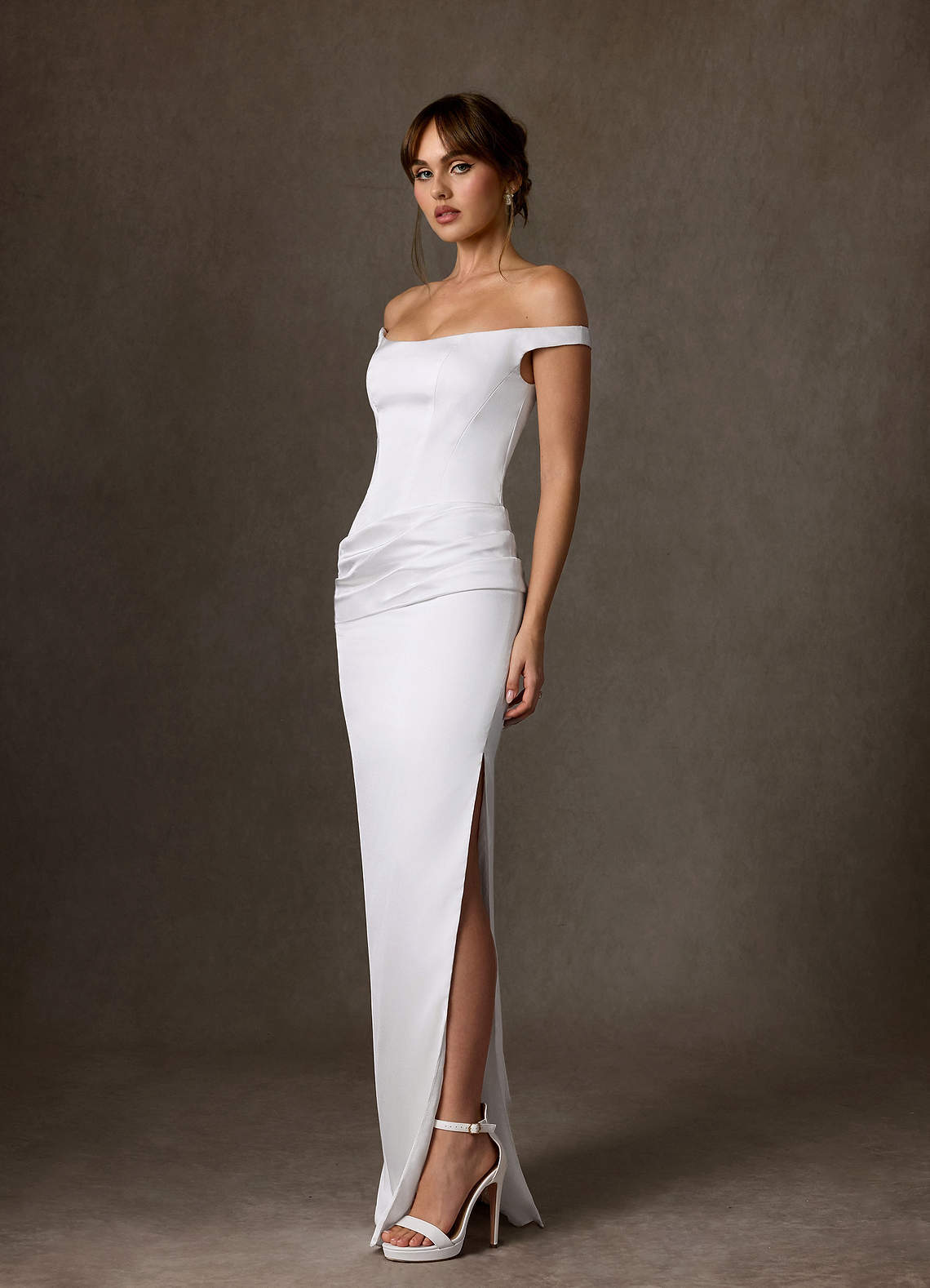 elyessen Marciana 
                Stretch Diamond White Sheath Off the Shoulder Stretch Satin Dress