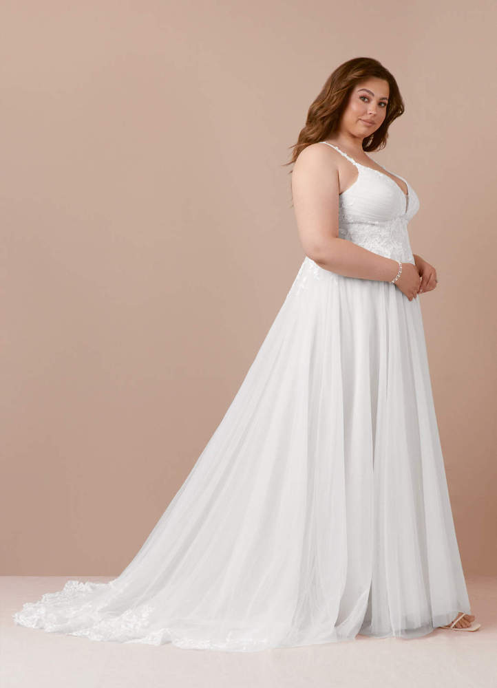 elyessen Devi Free pannier Diamond White A-Line V-Neck Lace Tulle Dress