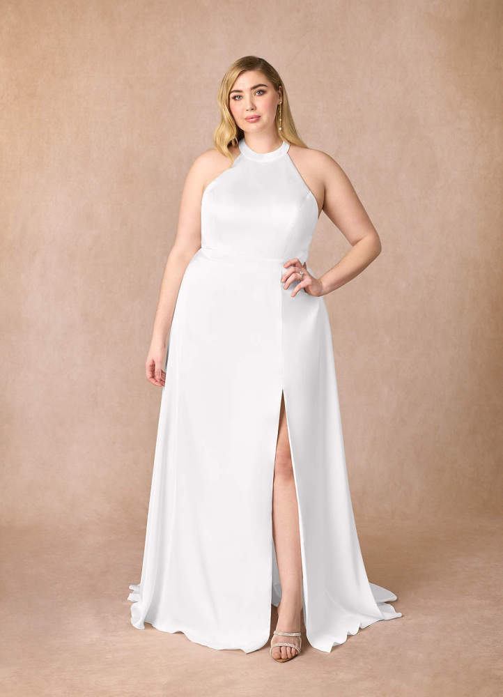 elyessen Sian Stretch Diamond White A-Line Side Slit Stretch Satin Dress