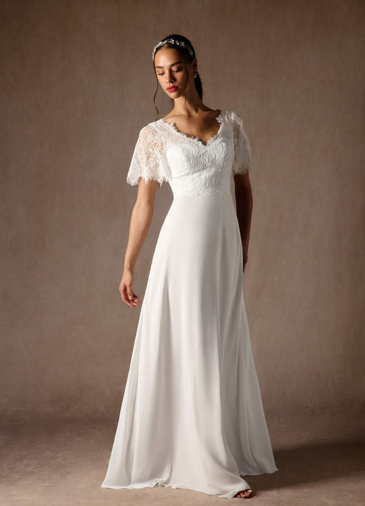 elyessen Veradis Diamond White A-Line V-Neck lace Chiffon Dress