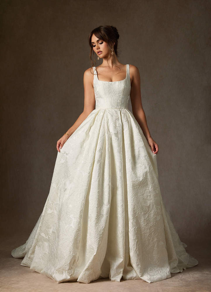 elyessen Ruby Antique White Ball-Gown with Pockets Floral Jacquard Dress