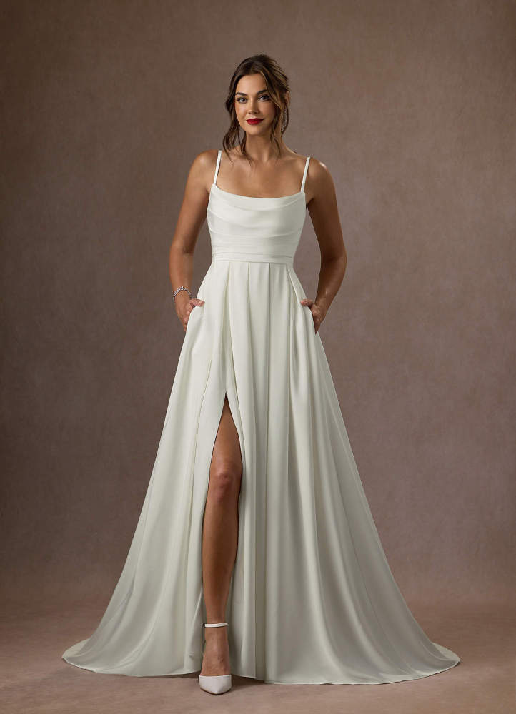 elyessen Caymus Diamond White A-Line Scoop Pleated Crepe Back Satin Dress