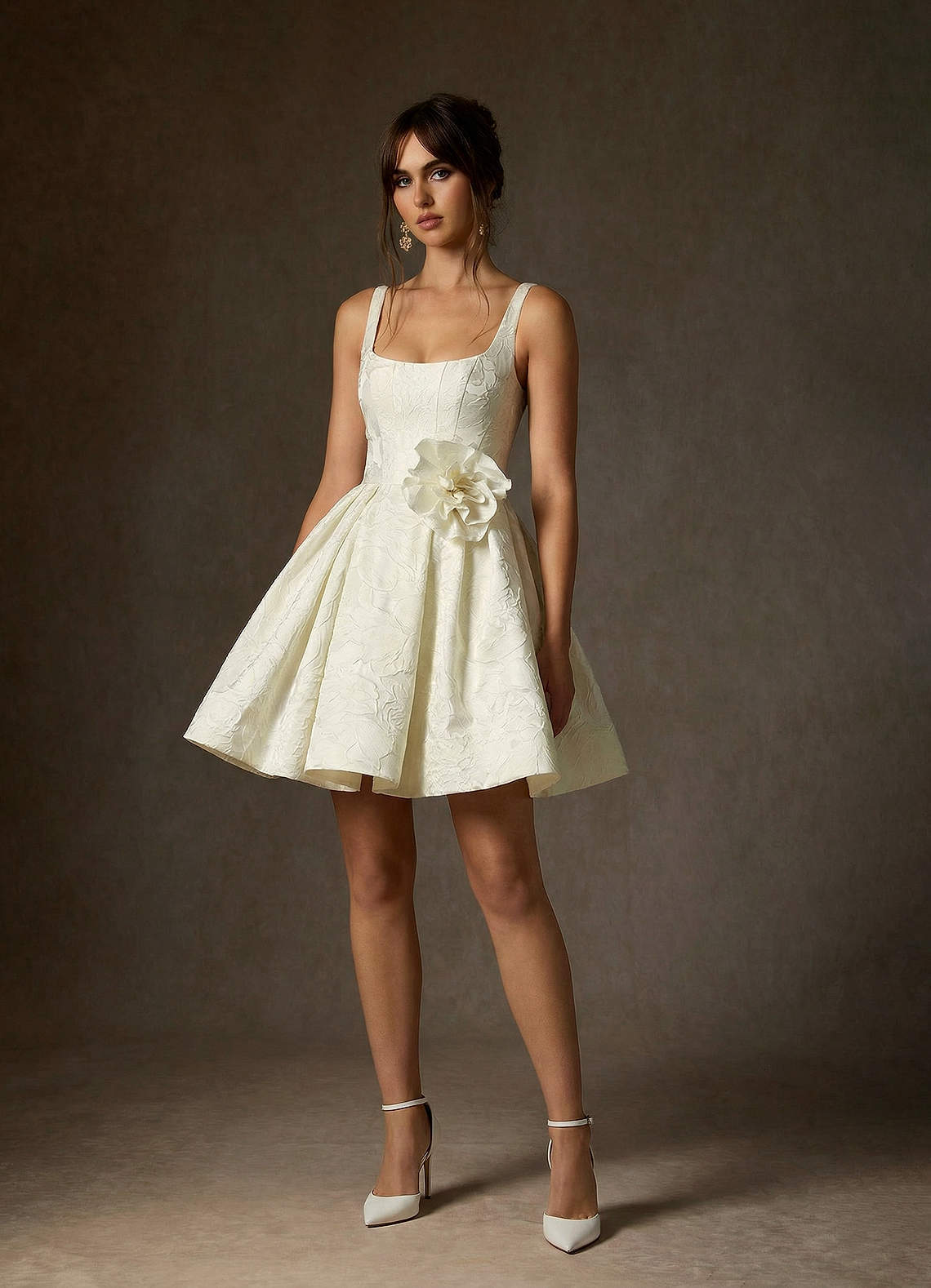 elyessen Ruby Diamond White A-Line with Pockets Floral Jacquard Dress