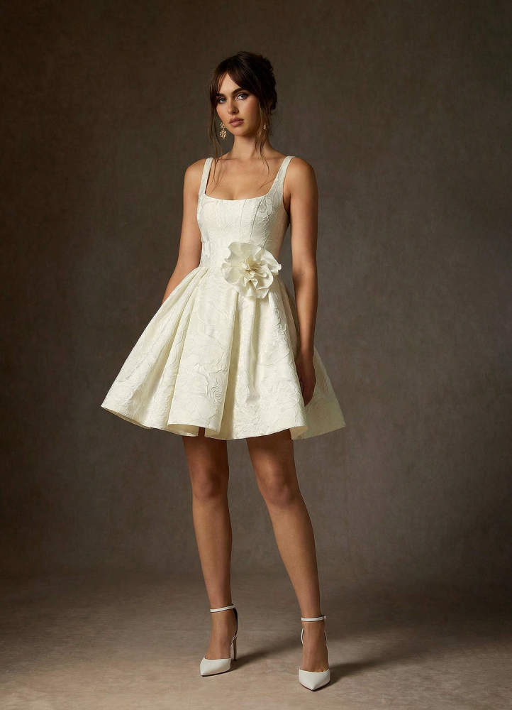 elyessen Ruby Diamond White A-Line with Pockets Floral Jacquard Dress