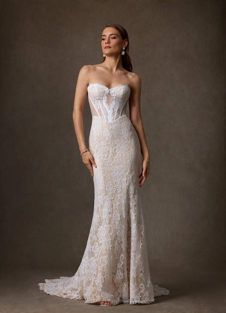 elyessen Diamond White Sheath Strapless Lace Dress
