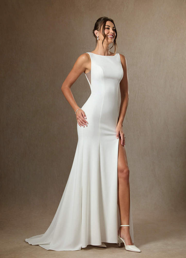 elyessen Stretch Diamond White Nude Mermaid Side Slit Tulle Dress
