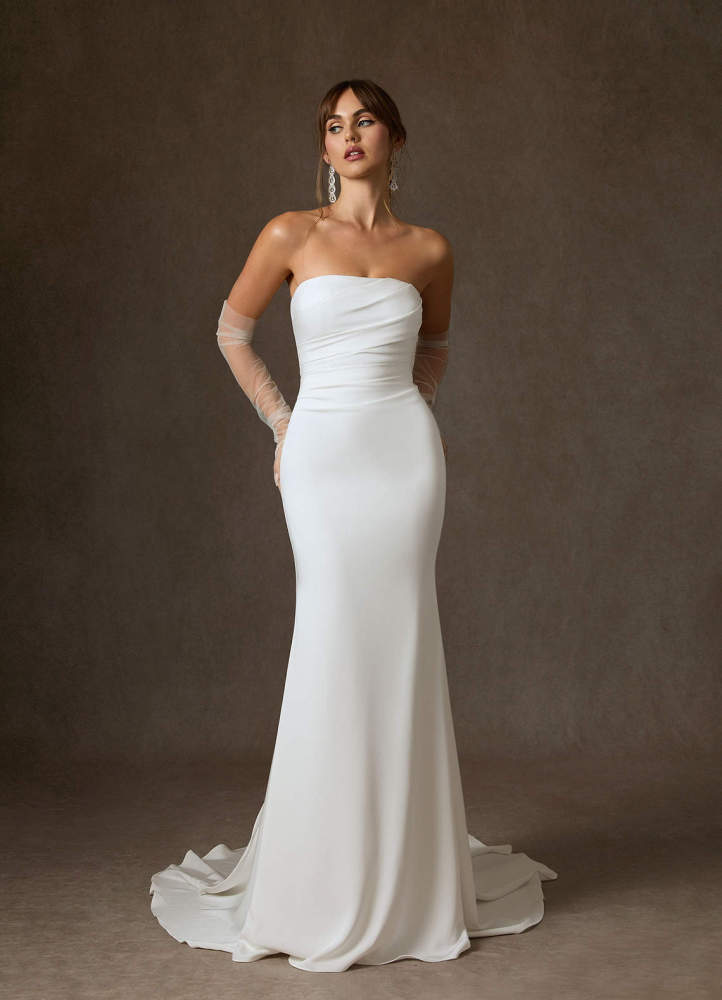 elyessen Colette Diamond White Fit and Flare Strapless Crepe Back Satin Dress