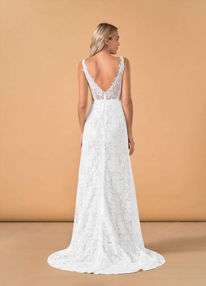 elyessen Gracen Diamond White Champagne Mermaid V-Neck Lace Tulle Dress
