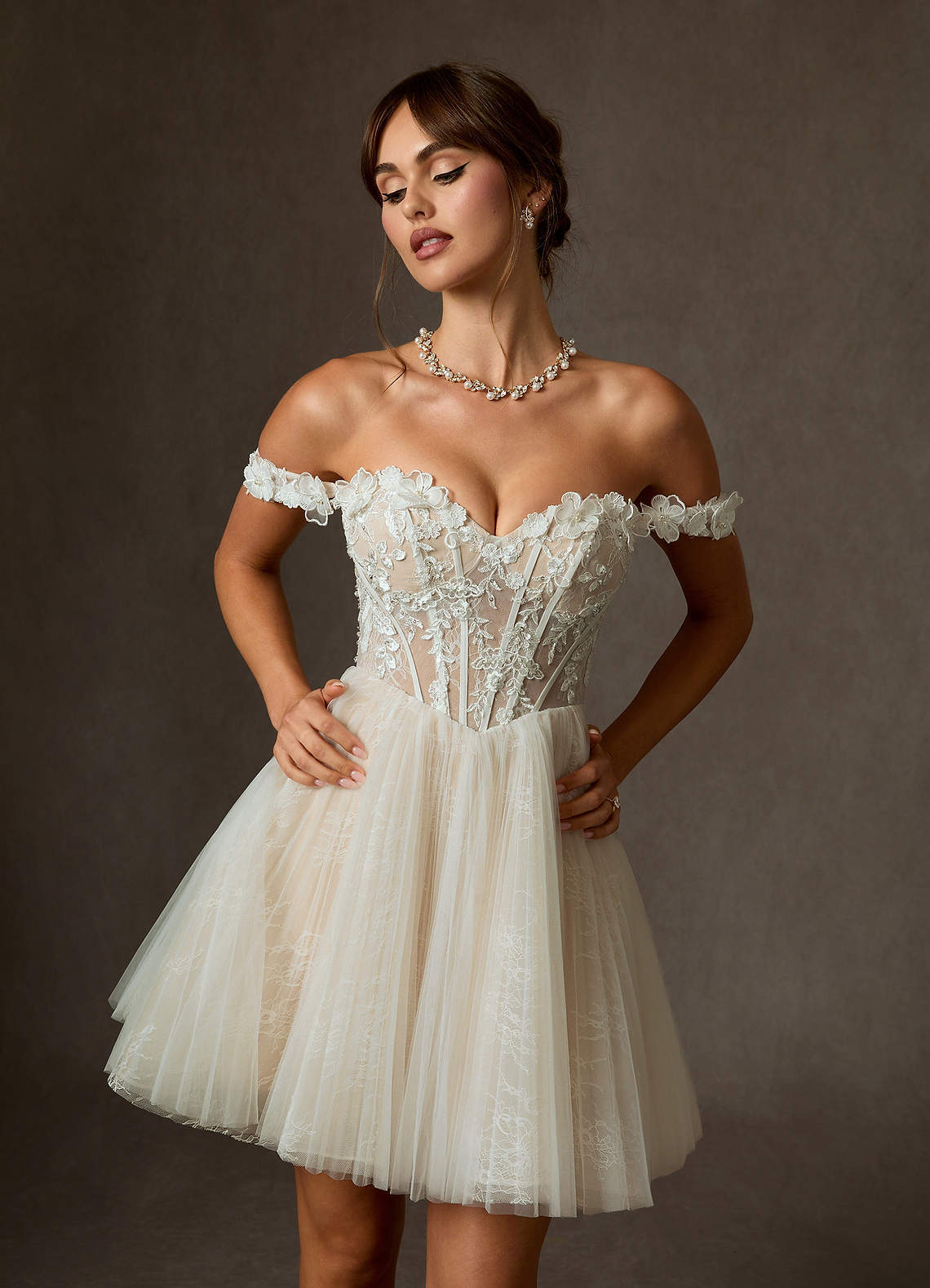 elyessen  Diamond White Ball-Gown Off the Shoulder Lace Dress