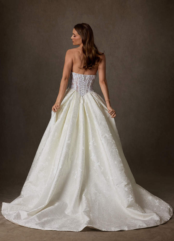 elyessen Genevieve Diamond White Ball-Gown Strapless Floral Jacquard Dress