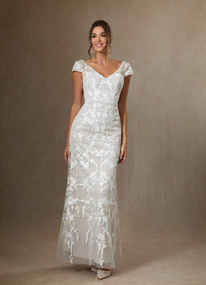 elyessen Devonna Diamond White Sheath V-Neck Sequins Lace Dress