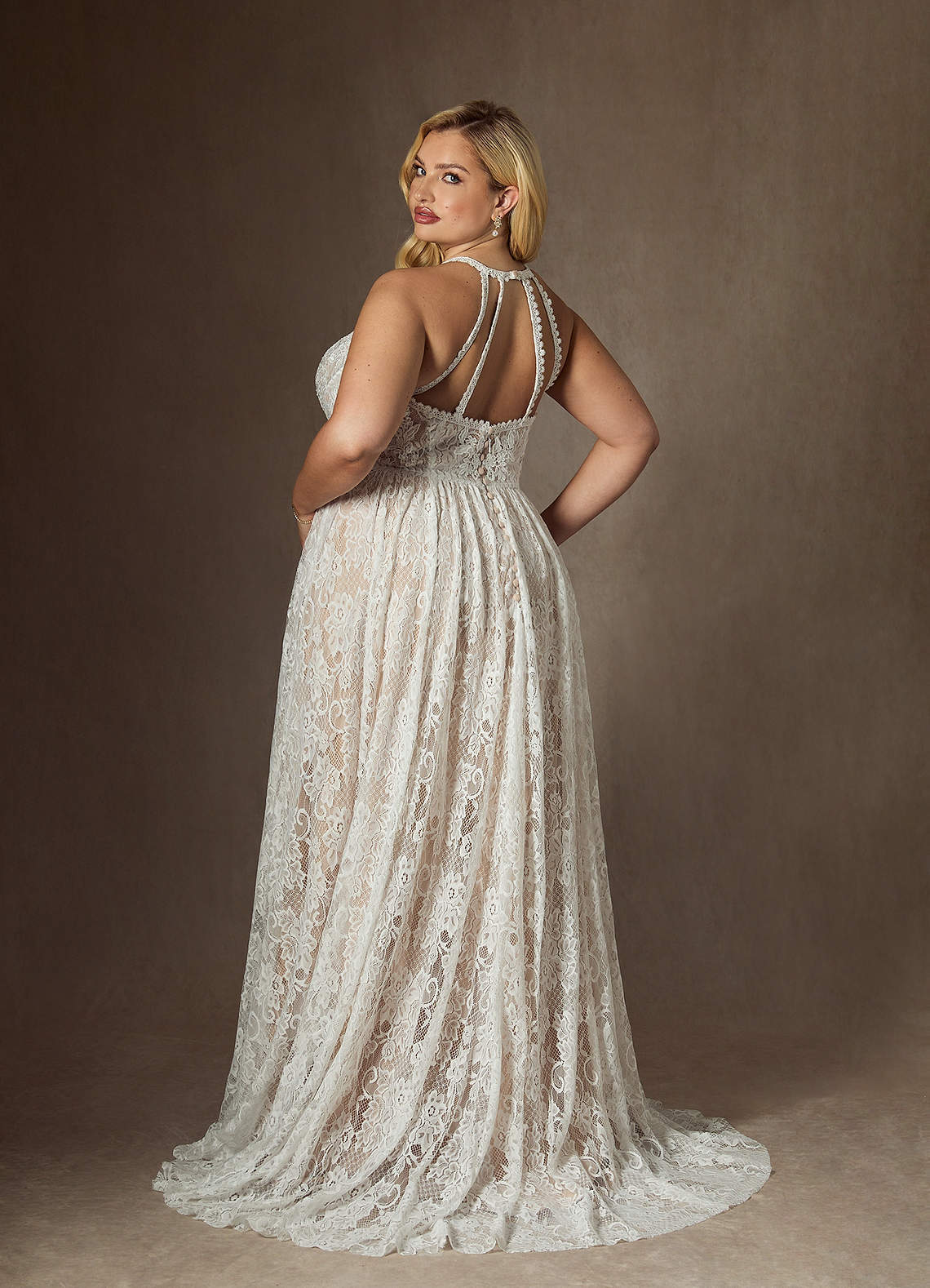 elyessen  Diamond White Champagne A-Line Lace Dress