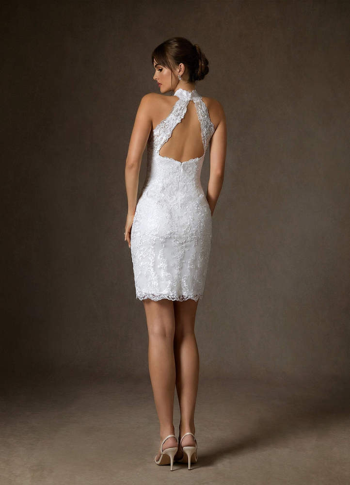 elyessen Eden Diamond White Sheath High Neck Lace Dress