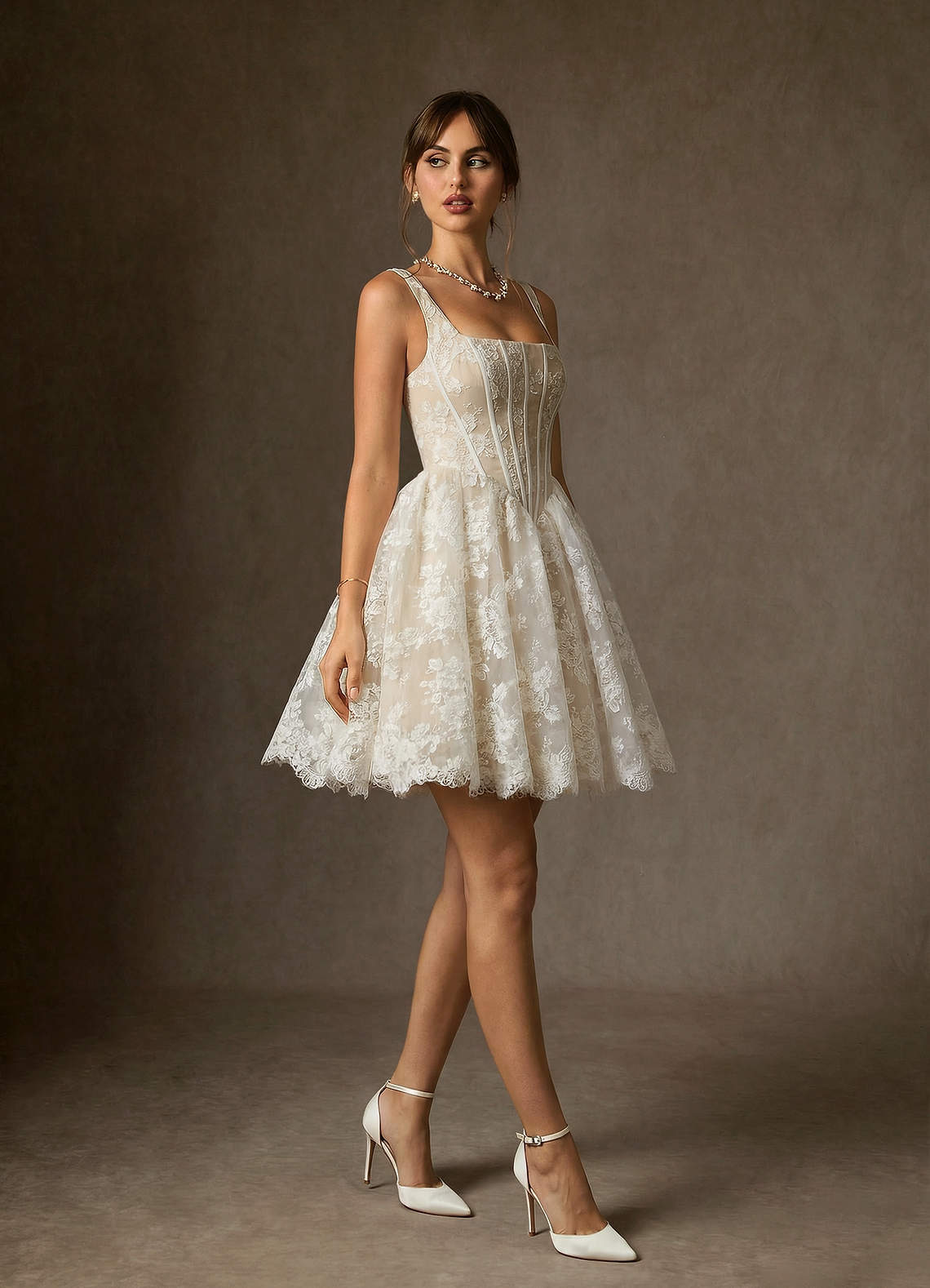 elyessen Nolicia Diamond White Ball-Gown Square Neckline Lace Dress