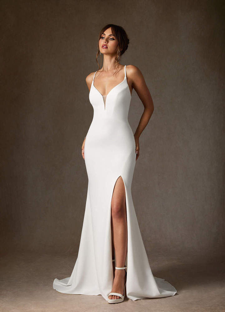 elyessen Iden Stretch Diamond White Mermaid V-Neck Stretch Crepe Dress