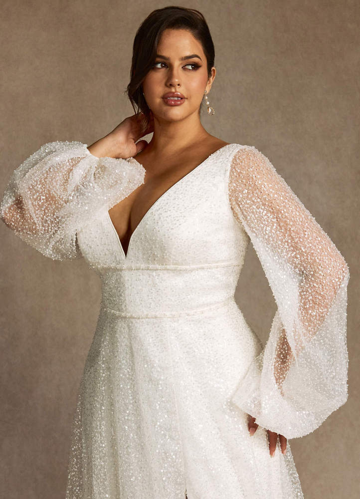 elyessen Gaia Stretch Diamond White A-Line V-Neck Beading Dress