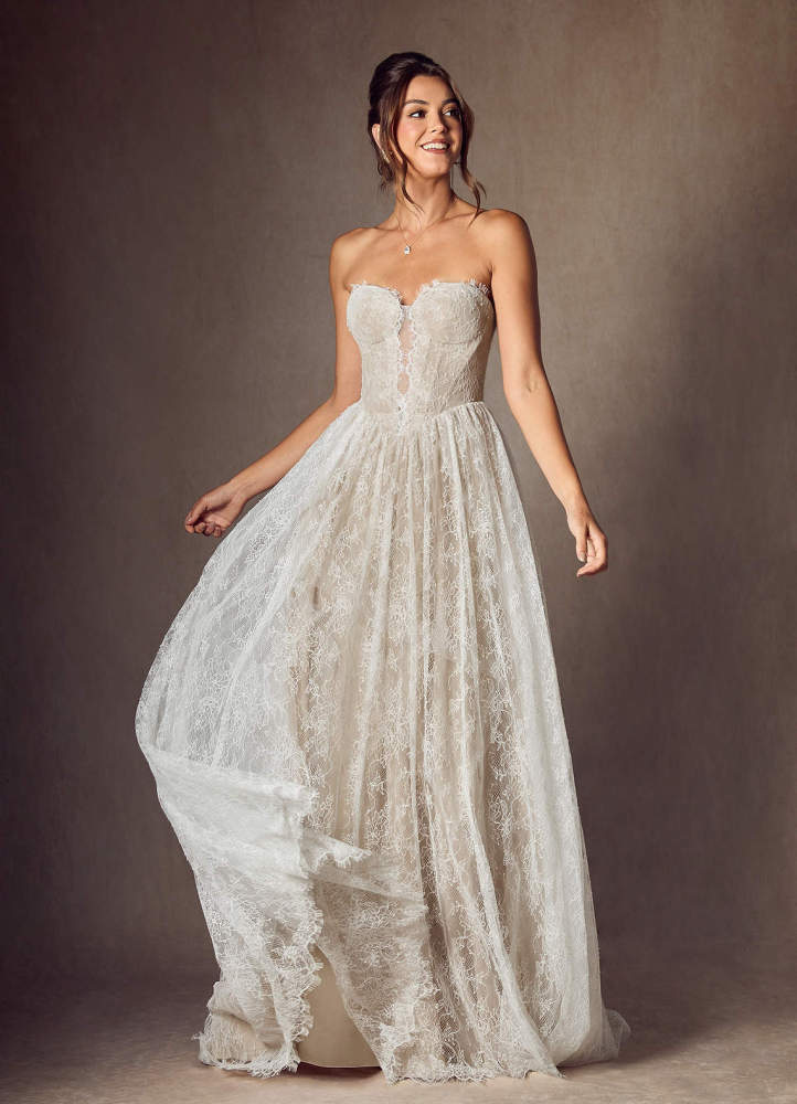 elyessen  Diamond White A-Line Strapless Lace Dress