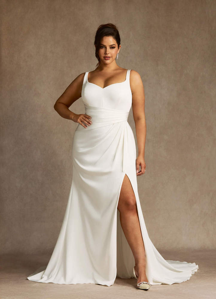 elyessen Isabella Diamond White Mermaid Pleated Crepe Back Satin Dress