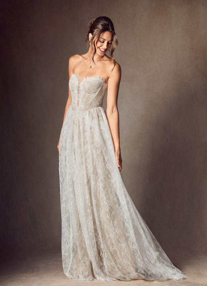 elyessen  Diamond White A-Line Strapless Lace Dress