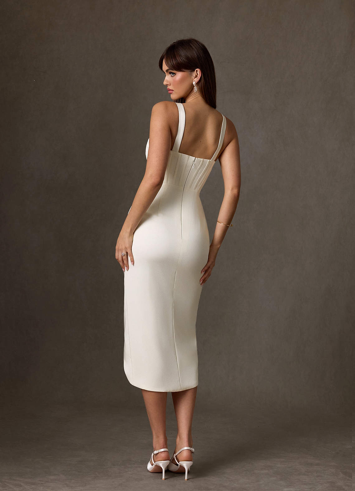 elyessen Zoie Diamond White Sheath Pleated Crepe Back Satin Dress
