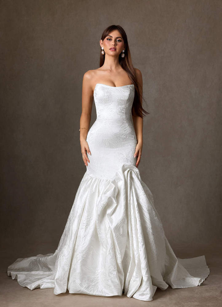 elyessen Quinta Diamond White Mermaid Strapless Floral Jacquard Dress