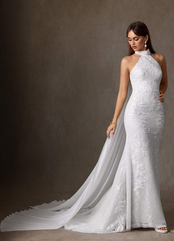 elyessen Kaiyana Diamond White Sheath High Neck Lace Dress