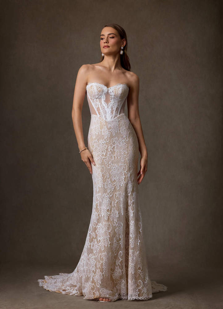elyessen Diamond White Sheath Strapless Lace Dress