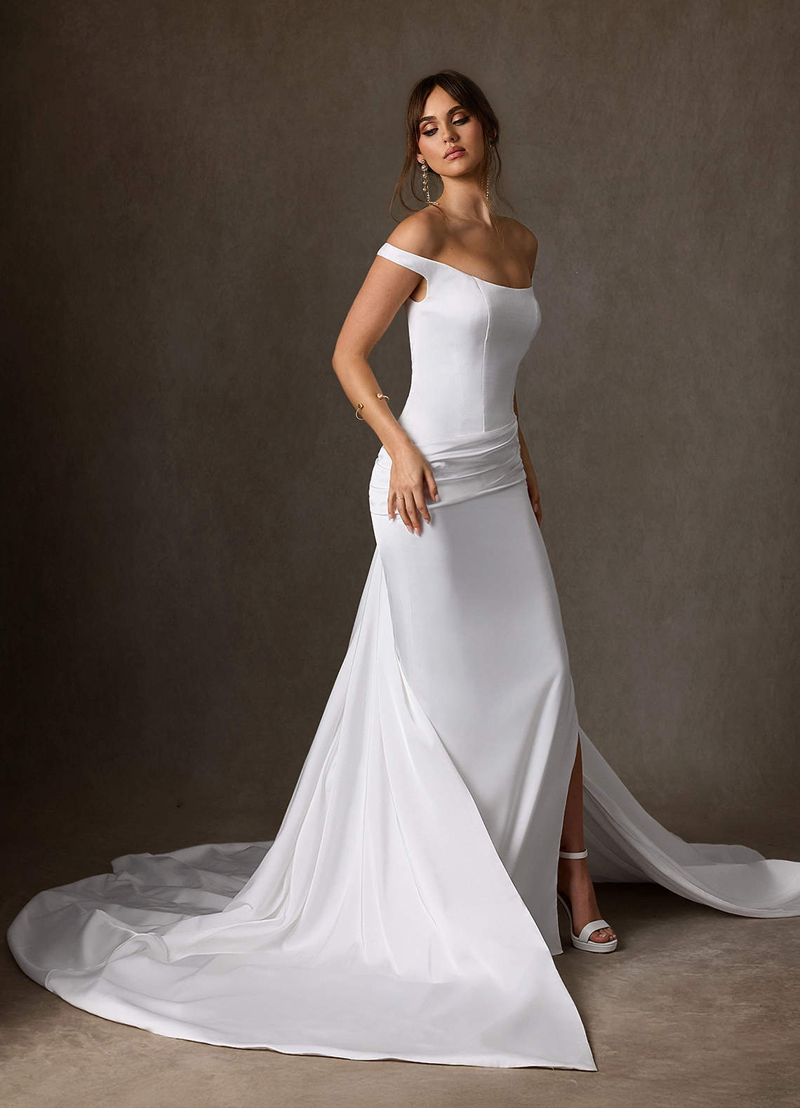 elyessen Marciana 
                Stretch Diamond White Sheath Off the Shoulder Stretch Satin Dress