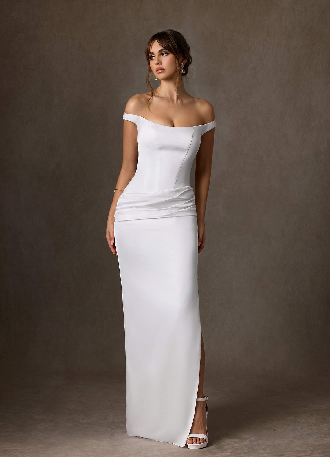 elyessen Marciana 
                Stretch Diamond White Sheath Off the Shoulder Stretch Satin Dress