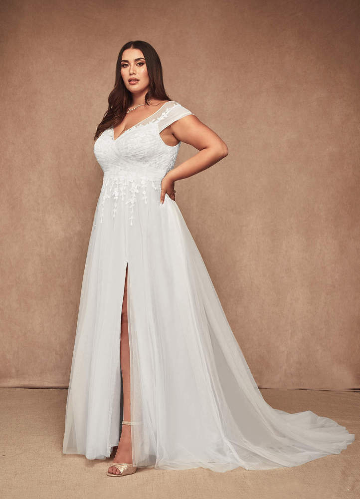 elyessen Bellisima Diamond White A-Line V-Neck Tulle Dress