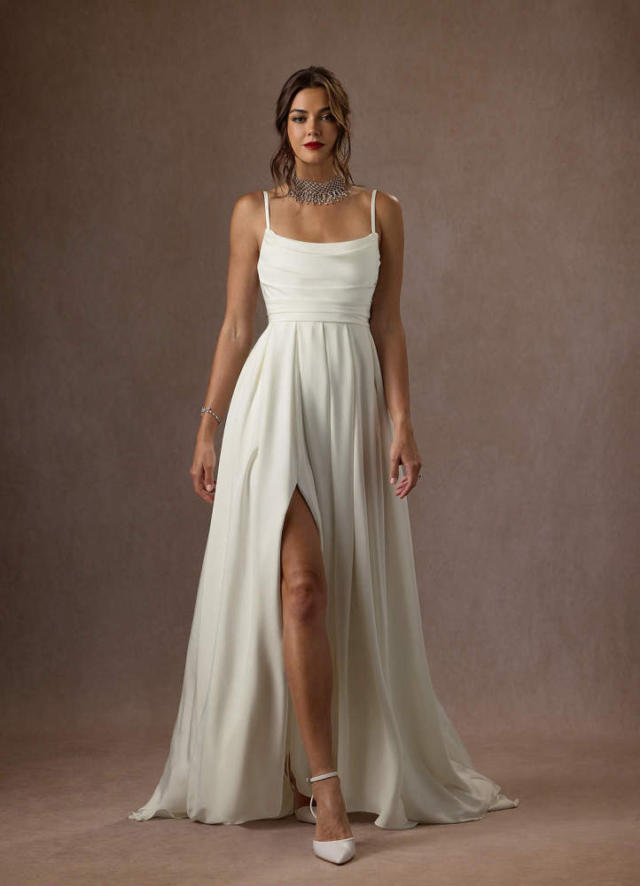 elyessen Caymus Diamond White A-Line Scoop Pleated Crepe Back Satin Dress
