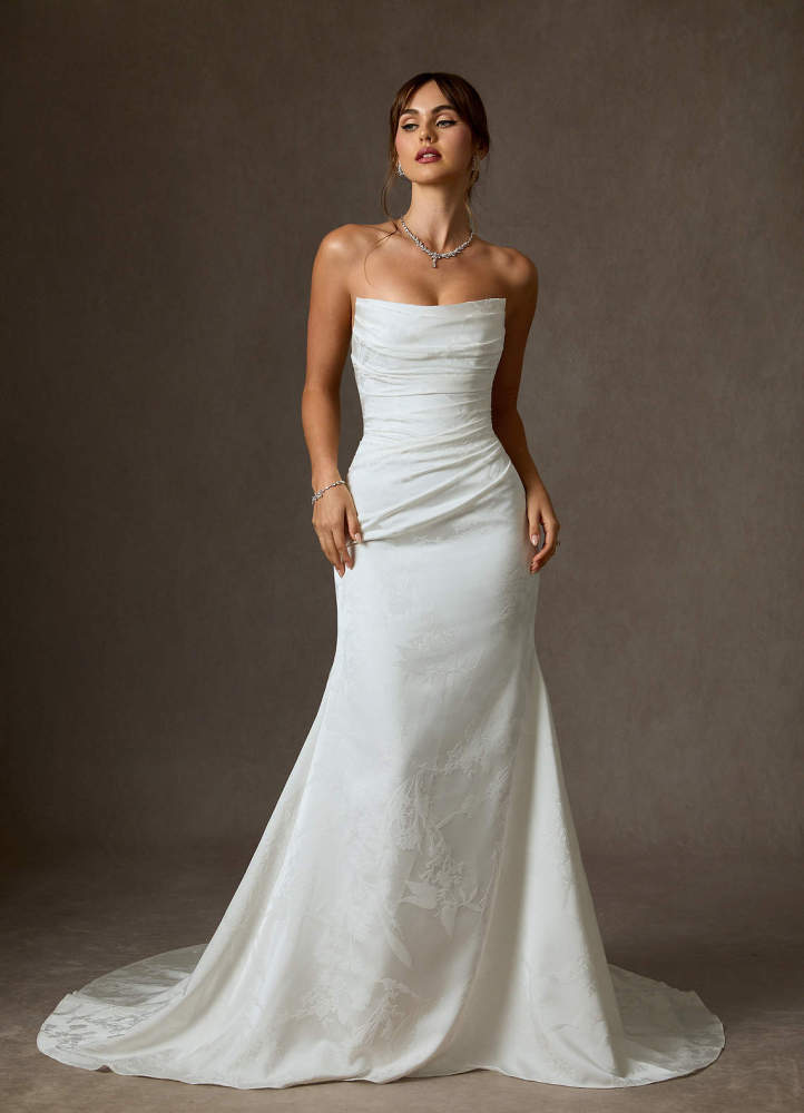 elyessen Elyse Diamond White Mermaid Strapless Floral Jacquard Dress