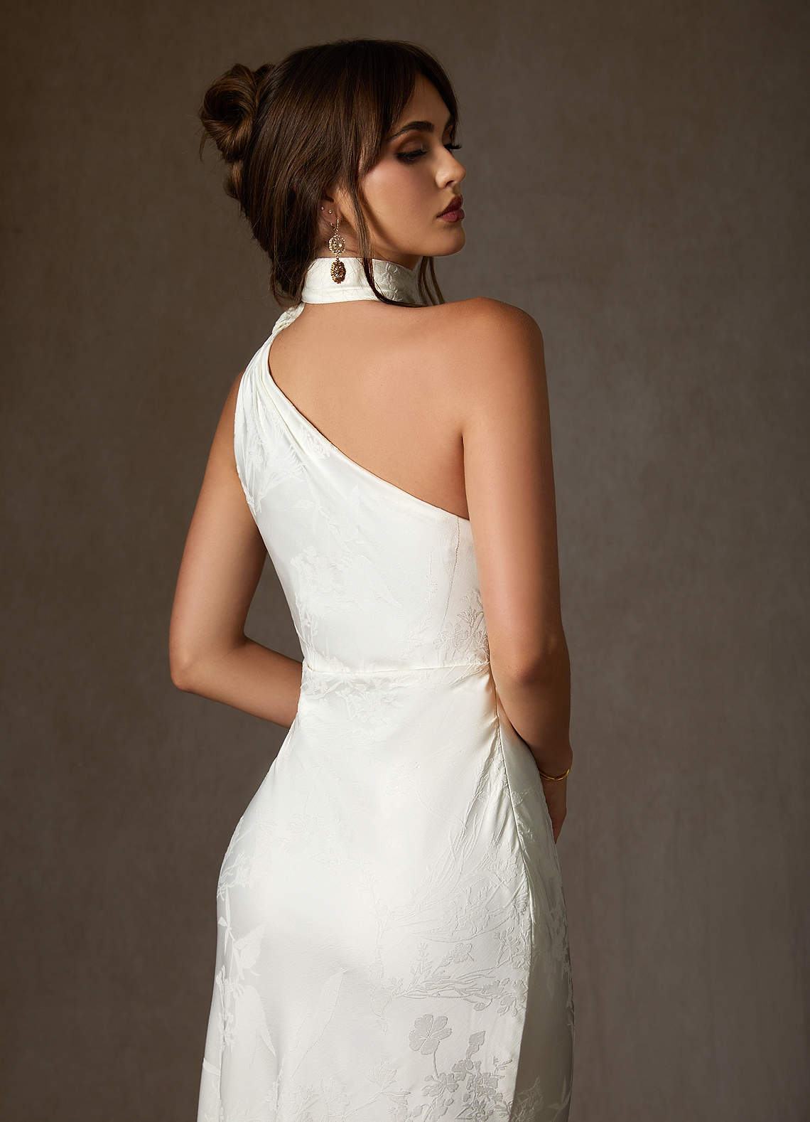 elyessen Misty Diamond White Sheath One Shoulder Floral Jacquard Dress