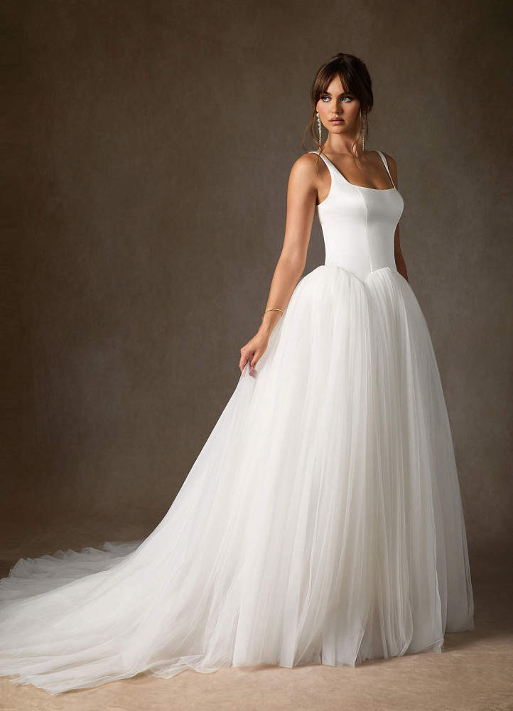 elyessen Samirah Diamond White A-Line Detachable Train Double Faced Satin Dress