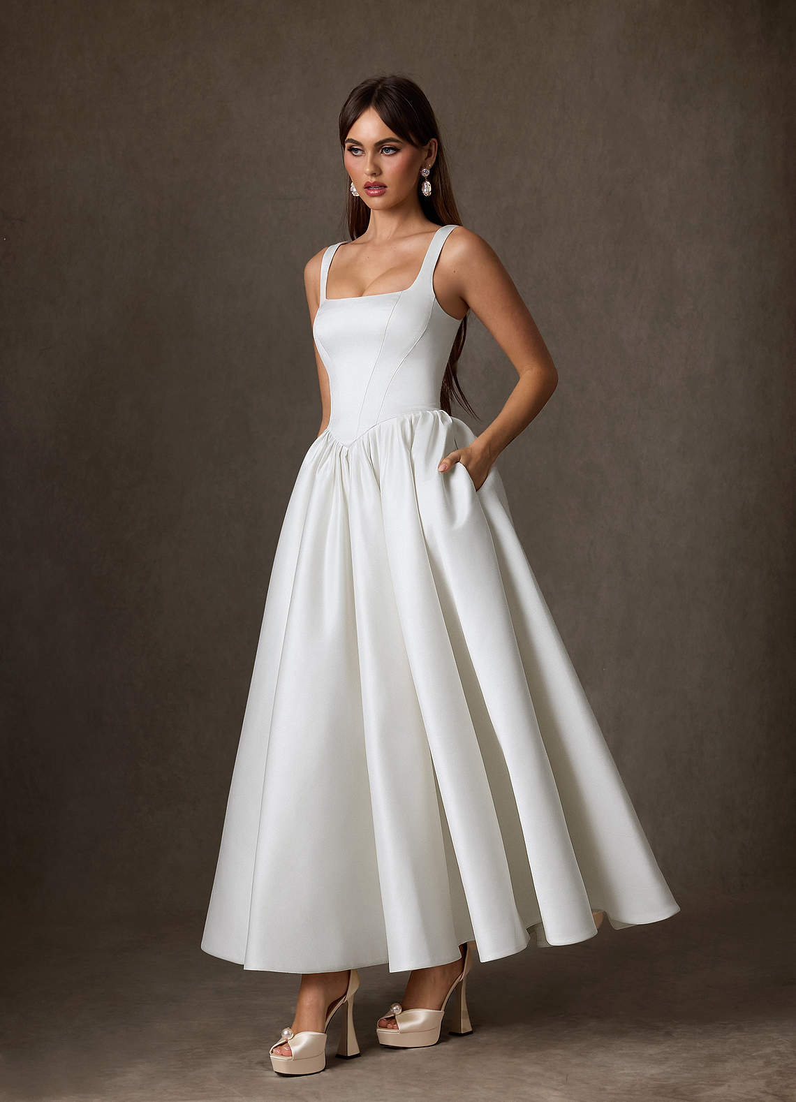 elyessen Verina Diamond White A-Line with Pockets Satin Dress