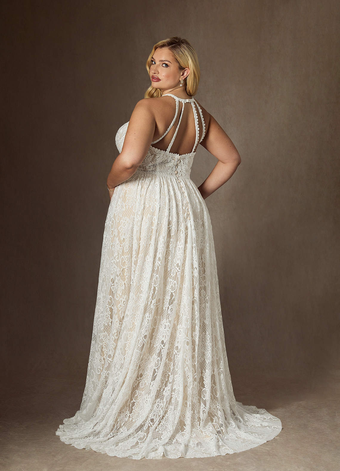 elyessen  Diamond White Champagne A-Line Lace Dress