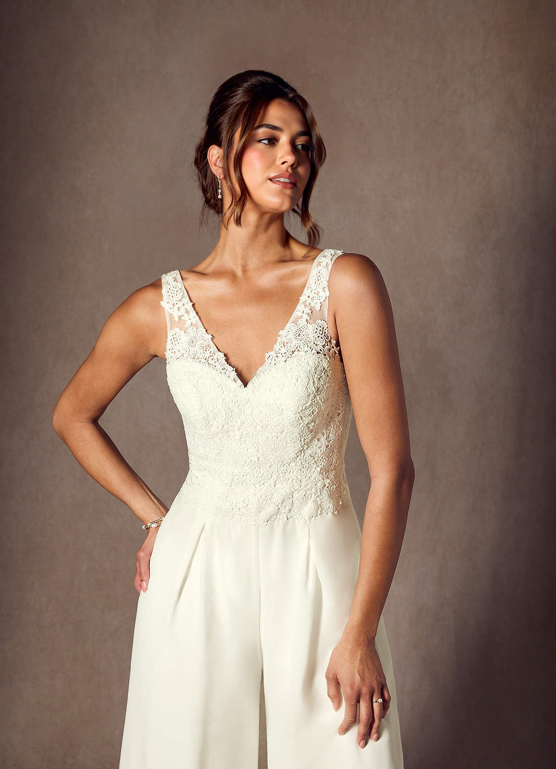 elyessen  Diamond White Pant Styles V-Neck Lace Chiffon Dress